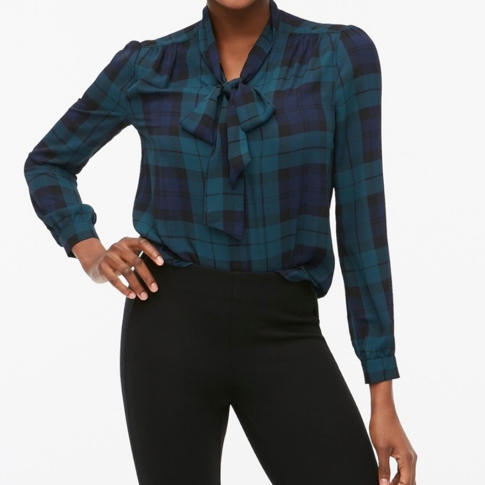 J. Crew Factory Black Watch Long Sleeve Bow Top